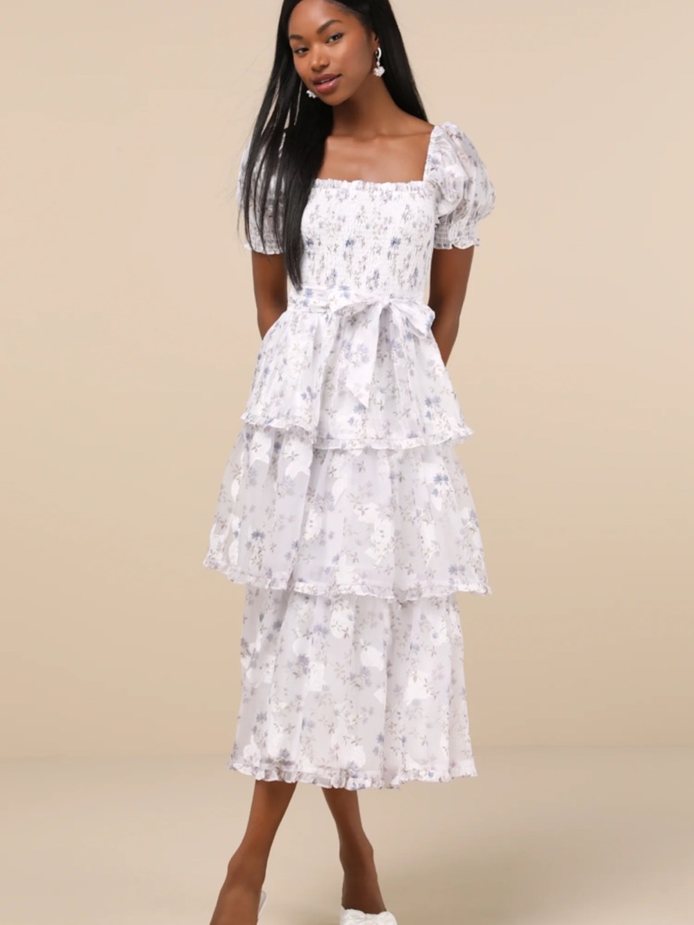 New Lulus Darling Posture White Floral Tiered Midi Dress with Puff Sleeves Sz XS